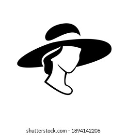 simple woman wearing a floppy sun hat straw hat silhouette vector illustration design isolated black background