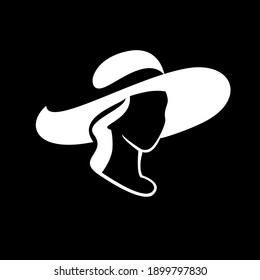 simple woman wearing a floppy sun hat straw hat silhouette vector illustration design isolated black background