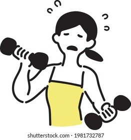 A simple woman who was tired face to the movement in the dumbbell