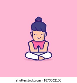 simple Woman Yoga Cartoon Mascot Vector Illustration. With Line, Pastel COlor, And Cute Design. Purple, Grey, White, Blue. Recomended For Logo Yoga, Sport Woman, And Other. Vector Format EPS 10.