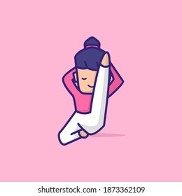 simple Woman Yoga Cartoon Mascot Vector Illustration. With Line, Pastel COlor, And Cute Design. Purple, Grey, White, Blue. Recomended For Logo Yoga, Sport Woman, And Other. Vector Format EPS 10.