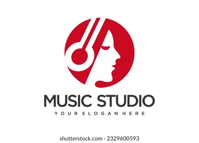 simple women Music logo design vector illustration.combination women and headphone