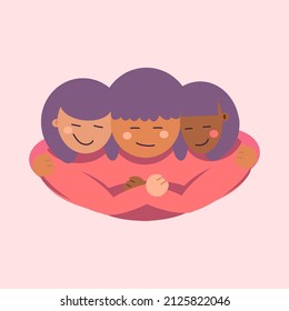 Simple women's day vector illustration on the pink background. Female solidarity, equality. International women's day. Girls friendship. Pastel pink, purple colors. Women's rights. Smiled faces.