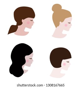 Simple womens faces with different hairstyles on white background. Flat style. - Vector