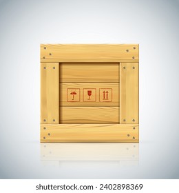 Cajas de madera simples con bordes de madera. Manejar con atención y señalización en una broma creativa realista. Embalaje de madera para una protección frágil del transporte de mercancías. Parcela postal de fondo blanco con sombra