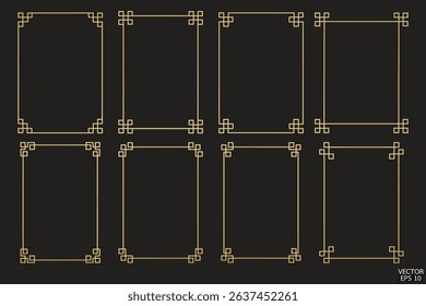 Simple wood geometric frames are isolated on black background. Luxury brown bamboo borders for invitations, luxury templates, and decorative patterns. Chinese border design. 3D vector illustration.