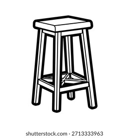 Simple wooden bar stool with four legs, depicted in a clean black and white line art style, isolated on