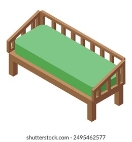 Simple wooden bed frame with green mattress on a white background, isometric view