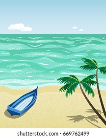 A simple wooden boat on empty beach. Vector illustration. Seaside landscape. Concept for solitude, relaxation,  loneliness or privacy.