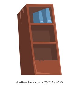 Simple wooden bookcase is standing with two blue files on the top shelf