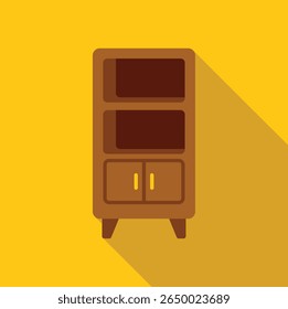 Simple wooden bookcase with two doors and two shelves standing near yellow wall casting long shadow 