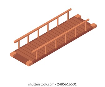 Simple wooden bridge with railings. Smooth, flat design bridge constructed from dark brown wood planks. Isometric style vector illustration isolated on white background