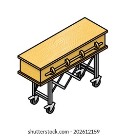 A simple wooden casket/coffin with a wood grain pattern on a trolley.