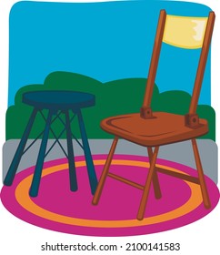 A simple wooden chair next to a metal coffee table on a round carpet.