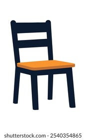 A simple wooden chair with an orange seat and a dark blue frame.