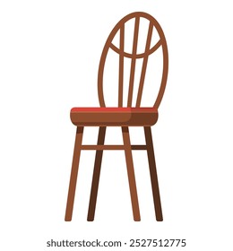 Simple wooden chair with oval back and red upholstery standing on white background