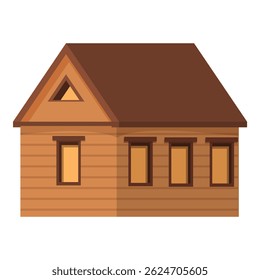 Simple wooden country house with brown roof and five windows standing on white background