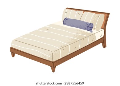 A simple wooden double bed with laconic decor and a long purple pillow. Bed sheets. Bedroom decor, cozy home interior. Isolated vector illustration in cartoon style.