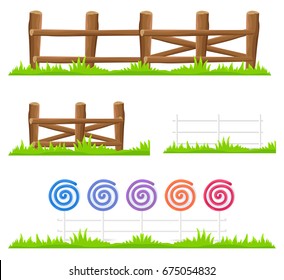 Simple wooden fence with green grass and fence made of colorful lollipops and canes isolated on white background. Cartoon rustic and fancy hedges of logs and sweets vector illustrations collection.