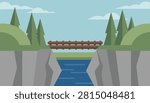 Simple wooden footbridge connecting two rocky cliffs over a blue river with pine trees and green hills in the background.