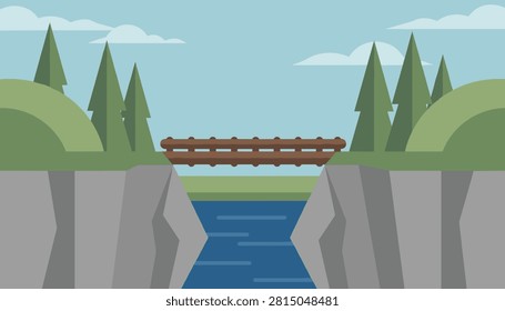 Simple wooden footbridge connecting two rocky cliffs over a blue river with pine trees and green hills in the background.