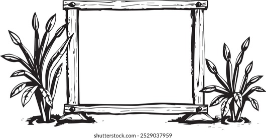 A simple wooden frame with plant life on either side.
