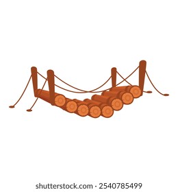 Simple puente colgante de madera hecho de troncos y cuerda está conectando dos lados