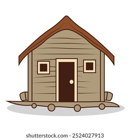A simple wooden house with a brown roof and two windows, designed for a cartoonish style.
