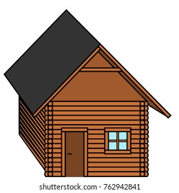 Simple wooden house with dark roof on transparent background
