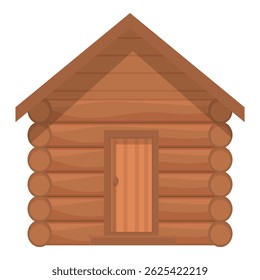 Simple wooden house standing in the woods made of logs with brown roof and door