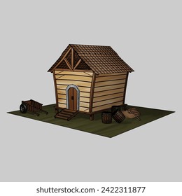 simple wooden house with straw barrel and cart