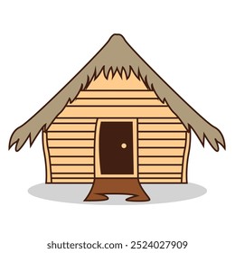 A simple wooden hut with a thatched roof and a door, representing basic shelter.