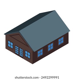 Simple cabaña de madera con ventanas Grandes, ícono isométrico de una casa de campo