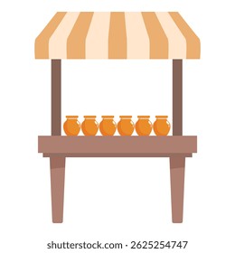 Barracas simples de madeira com toldo listrado, com sete vasos de barro idênticos, provavelmente contendo mel ou conservas
