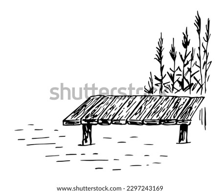 Simple wooden pier, reeds, water. Rest on the lake, fishing. Summer nature, pond. Sketch in ink. Vector black outline drawing.