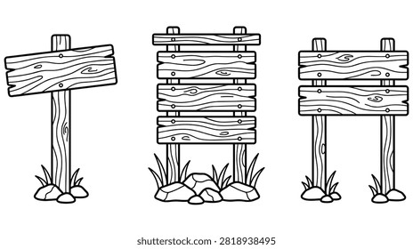 Simple wooden road signs and guideposts with empty planks for text messages. Isolated outline vector illustration on white background.