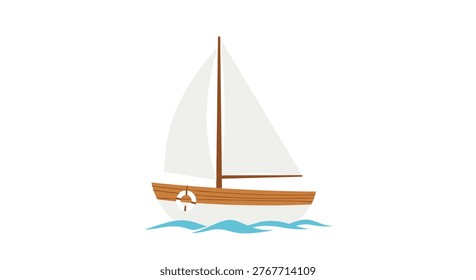 Simple wooden sailboat with two large white sails floating on gentle blue ocean waves against a plain white background for nautical design.