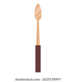 Simple wooden spoon with long handle standing upright on plain white background