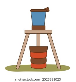 A simple wooden stand with a blue container on top, likely for collecting or filtering.