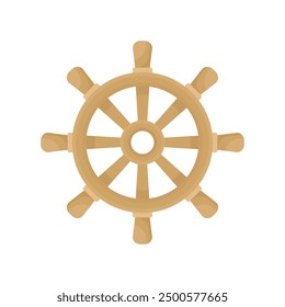 Simple wooden steering wheel in cartoon style on a white background. Isolated classic ship steering wheel