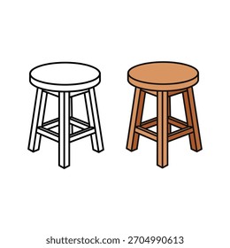 Simple taburete de madera contorno e ilustración coloreada