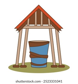 A simple wooden structure with a blue barrel underneath, likely for storage or collection.