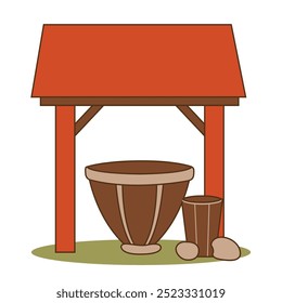 A simple wooden structure with a large bowl and a smaller container beside it.