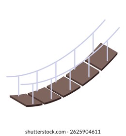 Simple wooden suspension bridge with metal railing connecting two sides, isolated on white background, isometric view