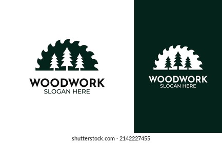 Simple woodwork logo design. The symbol with saw and pine tree icon for carpenter identity