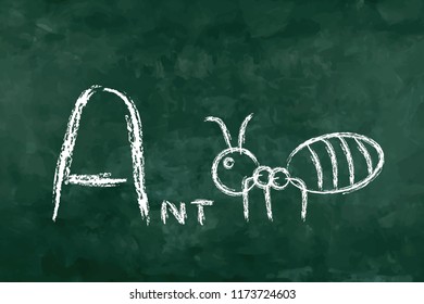 Simple word "A ant" for memorization. Green board in the classroom for learning. A - Z table.