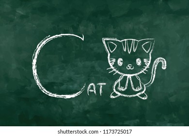 Simple word "C cat" for memorization. Green board in the classroom for learning. A - Z table.