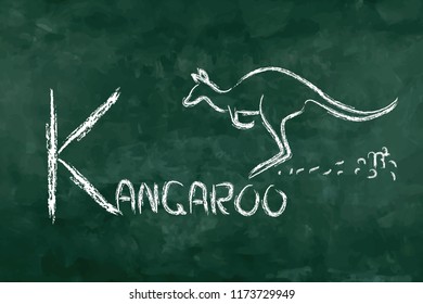 Simple word "K kangaroo" for memorization. Green board in the classroom for learning. A - Z table.