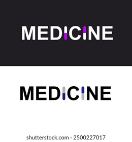 Simple Word MEDICINE Logo. Modern and Sophisticated Logo Icon Symbol Vector Design Template with capsule icon.