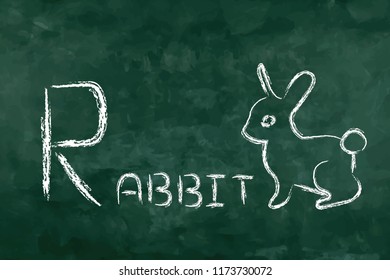 Simple word "R rabbit" for memorization. Green board in the classroom for learning. A - Z table.